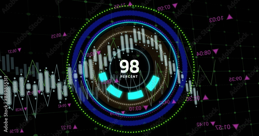 Poster image of graph processing data over blue loading ring with growing percent on black background