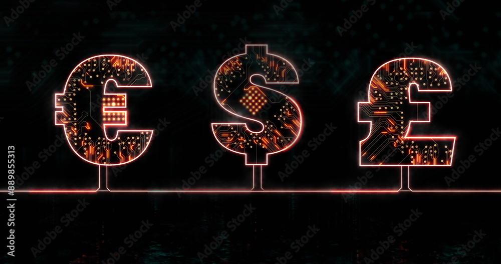 Poster image of currency signs with circuit board and data processing over black background