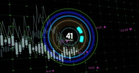 Image of graph processing data over blue loading ring with growing percent on black background