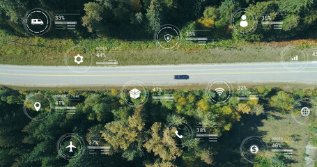 Image of financial data processing over road and landscape