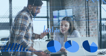 Image of charts processing data over diverse female and male colleague talking at casual office