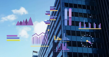 Image of colorful charts processing data over modern office building and blue sky