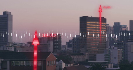 Image of financial data processing over cityscape