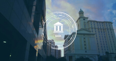 Image of financial data processing over cityscape