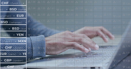 Image of international currency data over hands of biracial man using laptop at desk