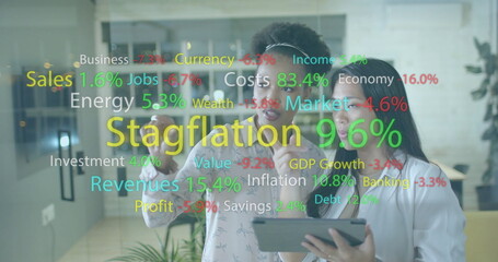 Image of financial data processing over diverse businesswomen in office