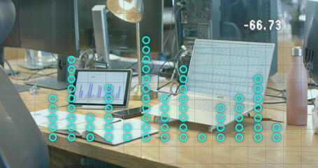Image of countdown and graph processing data over laptop and tablet on office desk