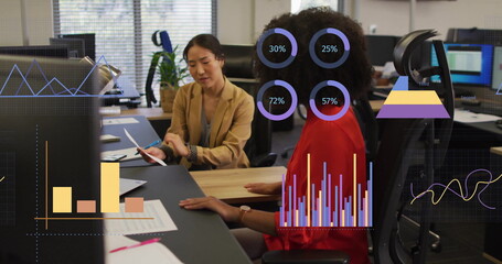 Image of financial data processing over diverse businesswomen in office