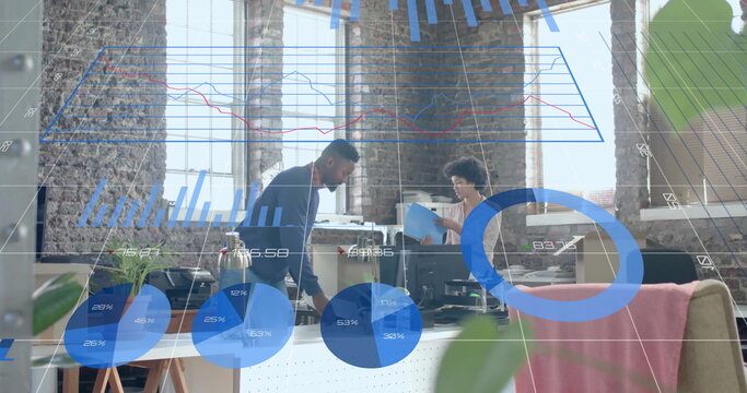 Image of charts processing data over diverse colleagues unpacking at casual office