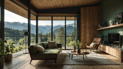 Spacious modern minimalist living room with sofa, wooden floor and walls, shelves with decor, plants, large windows and balcony with pine forest and snowy peaks view. Interior with muted earthy colors