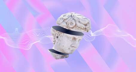 Image of ancient sculpture head moving over waving multi coloured background