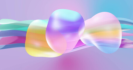 Image of abstract shapes moving over waving multi coloured background