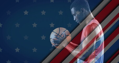 Image of flag of usa over biracial male basketball player