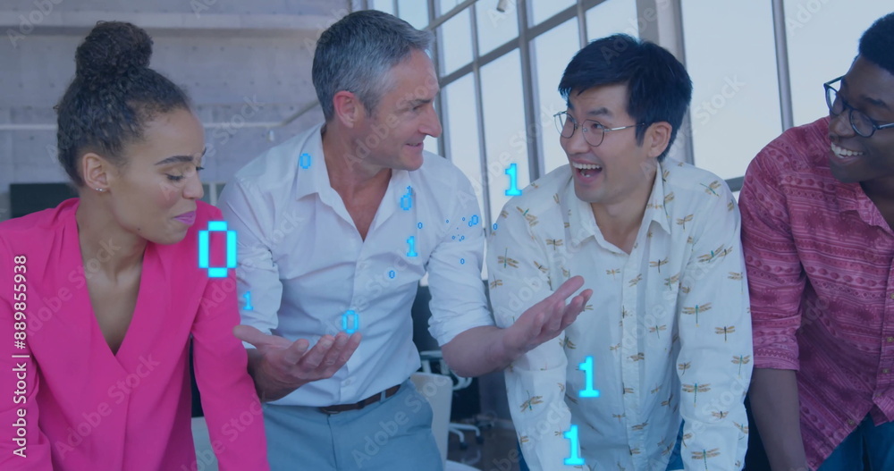 Poster image of binary coding data processing over diverse business people in office