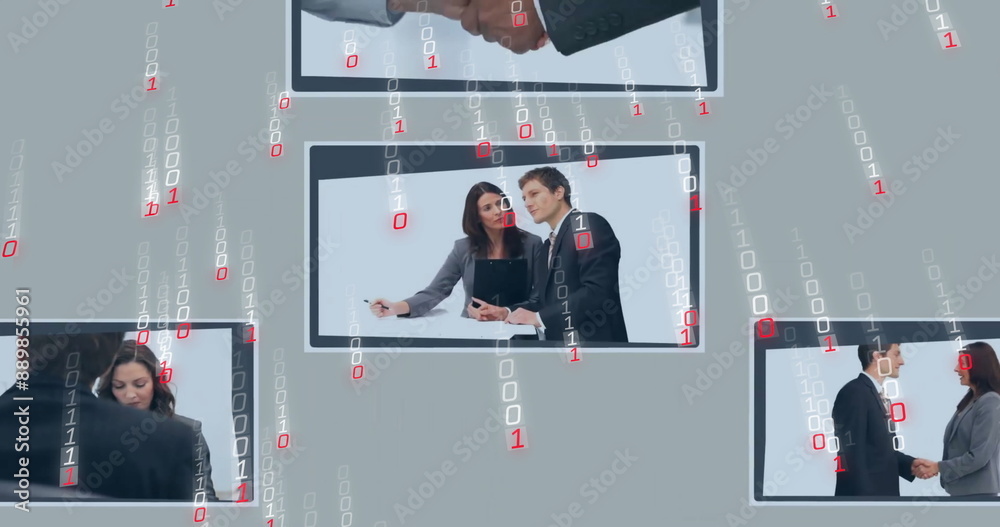 Poster image of binary coding data processing over diverse business people on screens