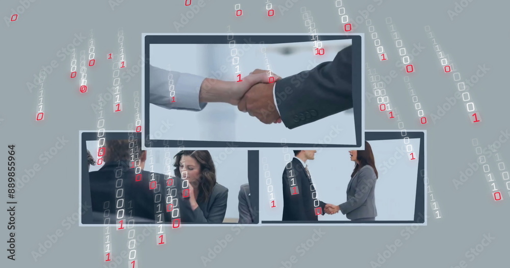 Poster image of binary coding data processing over diverse business people on screens