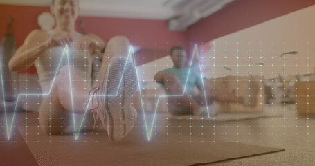 Image of data processing over diverse man and woman exercising in gym