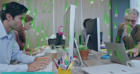 Image of binary coding data processing over diverse business people in office
