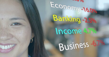 Image of financial data processing over biracial businesswoman in office