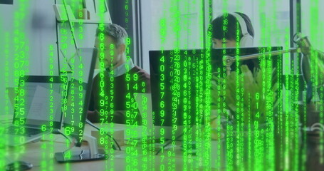 Image of binary coding data processing over diverse business people in office