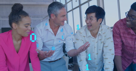 Image of binary coding data processing over diverse business people in office