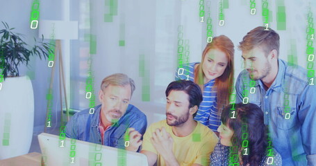 Image of binary coding data processing over diverse business people in office