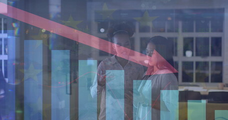 Image of financial data processing over diverse businesswomen in office