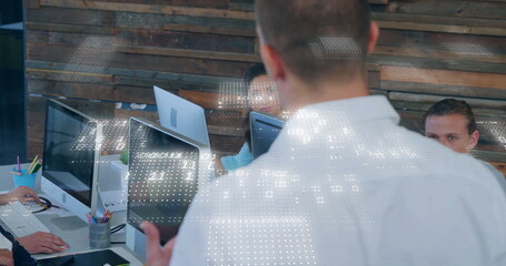 Image of binary coding data processing over diverse business people in office