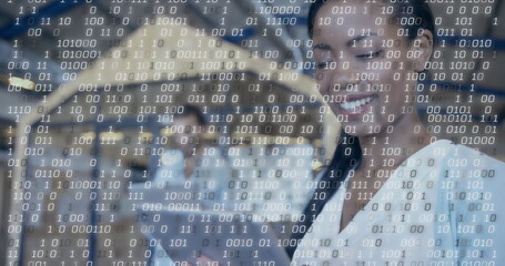 Image of binary coding data processing over diverse business people in office
