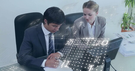 Image of binary coding data processing over diverse business people in office