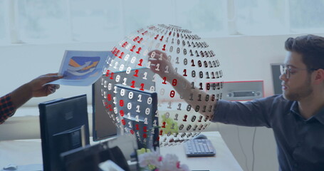 Image of binary coding with globe over diverse business people in office