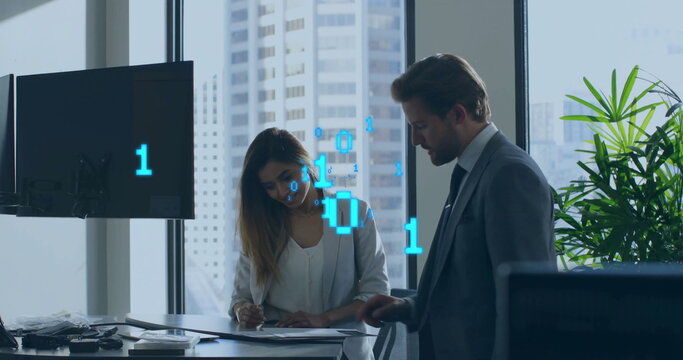 Image of binary coding data processing over diverse business people in office