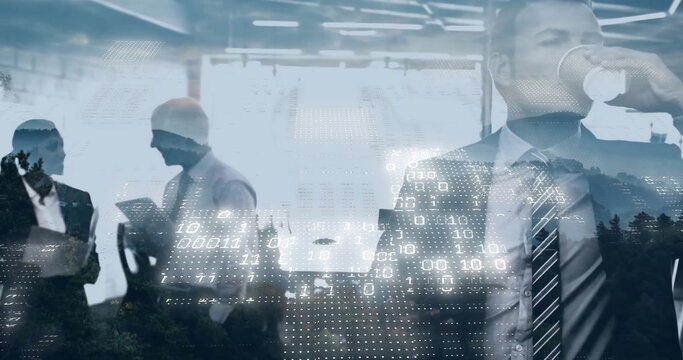 Image of binary coding data processing over diverse business people in office