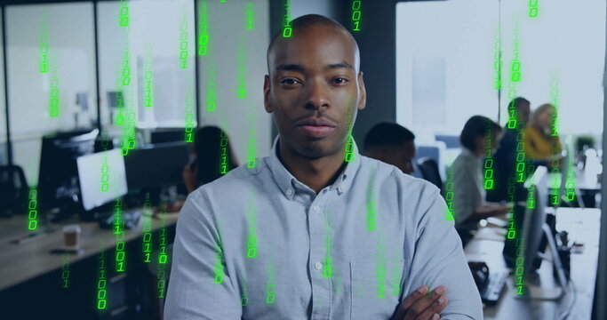 Image of binary coding data processing over diverse business people in office