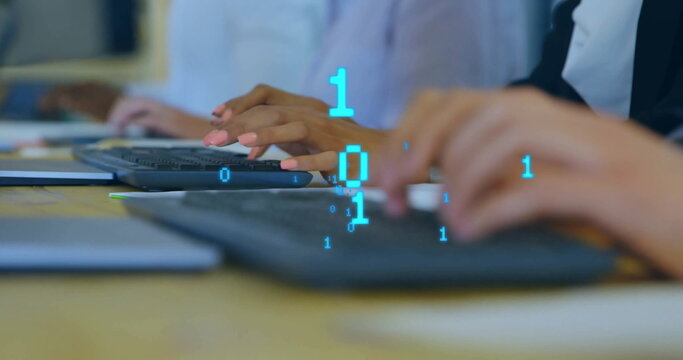 Image of binary coding data processing over diverse business people using computers