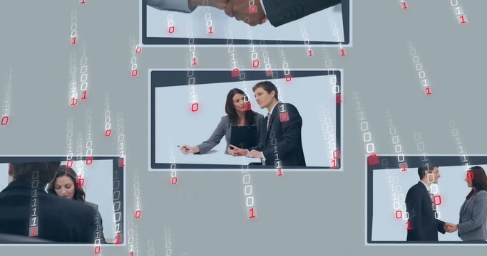 Image of binary coding data processing over diverse business people on screens