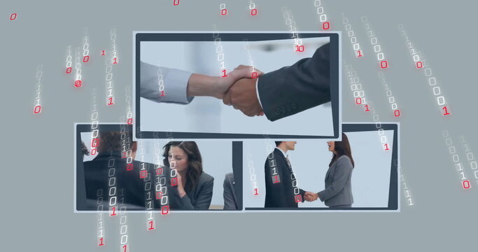 Image of binary coding data processing over diverse business people on screens