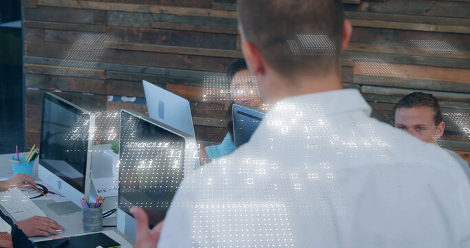 Image of binary coding data processing over diverse business people in office