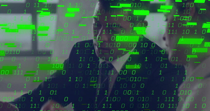 Image of binary coding data processing over diverse business people in office