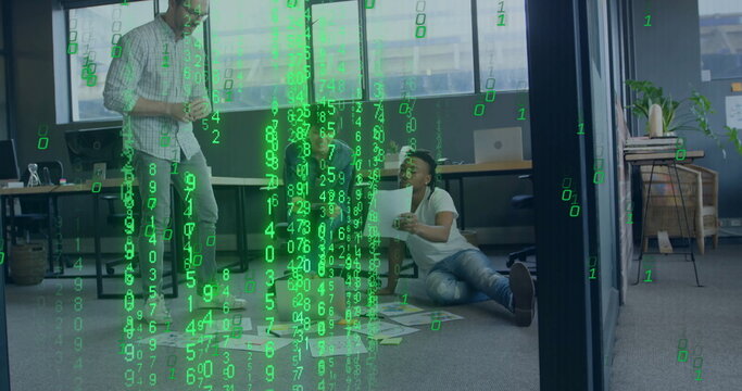 Image of binary coding data processing over diverse business people in office