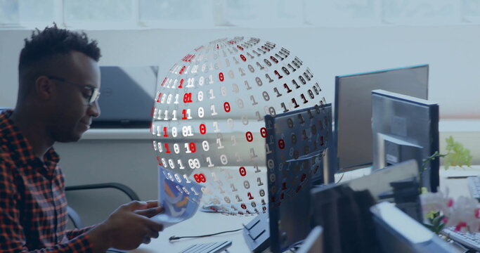 Image of binary coding with globe over diverse business people in office