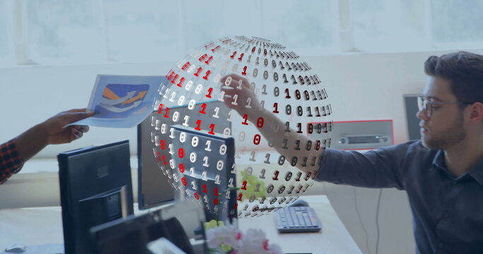 Image of binary coding with globe over diverse business people in office