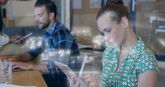 Image of binary coding data processing over diverse business people in office