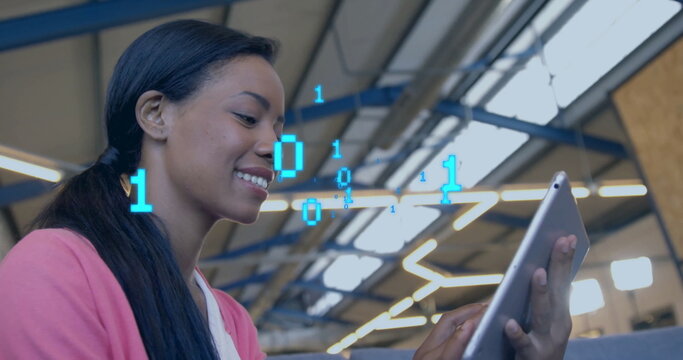 Image of binary coding data processing over diverse business people in office