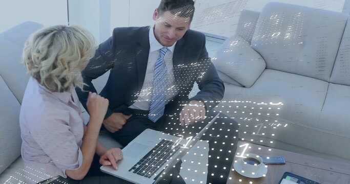 Image of binary coding data processing over diverse business people in office