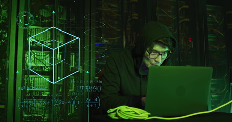 Image of scientific data processing over asian male it technician by servers