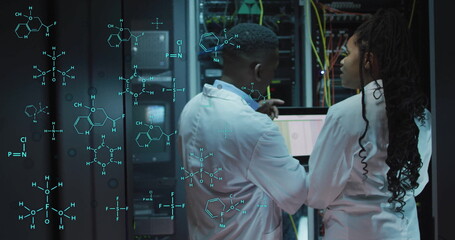 Image of scientific data processing over diverse it technicians by servers