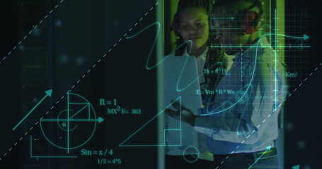 Image of scientific data processing over diverse it technicians by servers