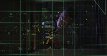 Image of scientific data processing over african american male it technician by servers