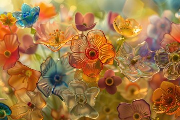 Colourful glass flowers with transparent petals, summer floral nature ethereal art. Vibrant holographic background
